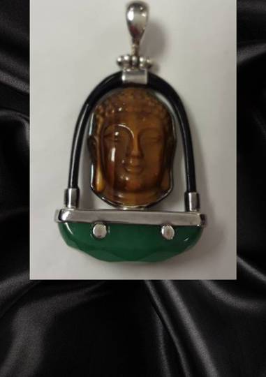 Carved Tigers Eye Buddha on Jade Pendant
